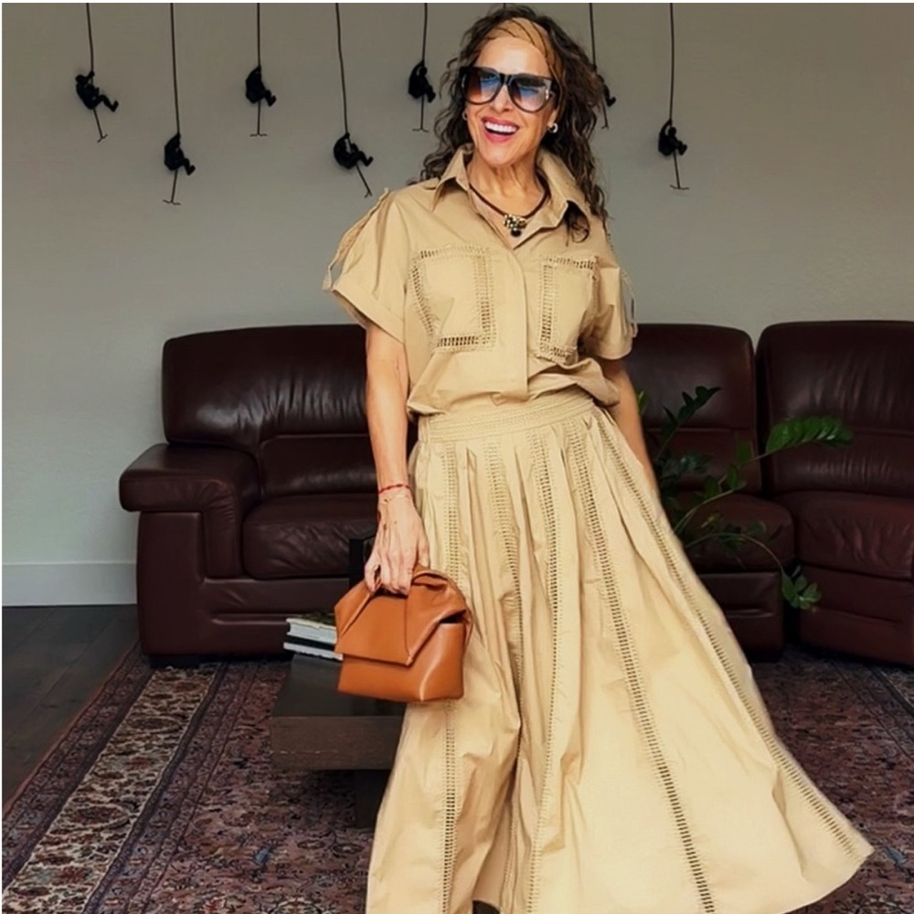 Beige A-Line Eyelet Maxi Skirt Set Designer Style